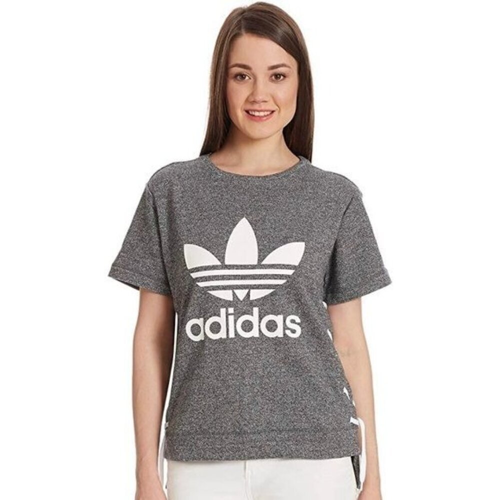 Adidas Originals Gray Trefoil Logo Lace Up Crewneck T-shirt - Picture 1 of 4